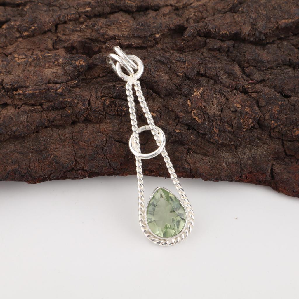 Green Amethyst Gemstone Pendant, 925 Solid Sterling Silver Pendant, Handmade Antique Jewelry, Gift For Mother Day