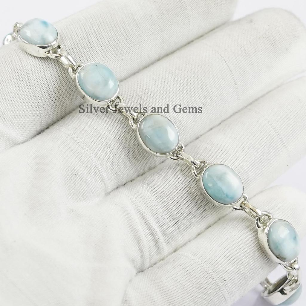 Natural Larimar Bracelet, Handmade Bracelet, Oval Gemstone Bracelet, 925 Sterling Silver Bracelet, Simple Bracelet, Wedding Bracelet