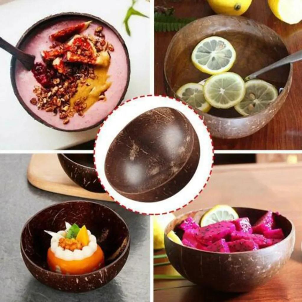 Natural Handmade Coconut Shell Bowl with Wooden Spoon Creative Wooden Salad Ramen Bowl Rice Fruit Container Kitchen Tableware