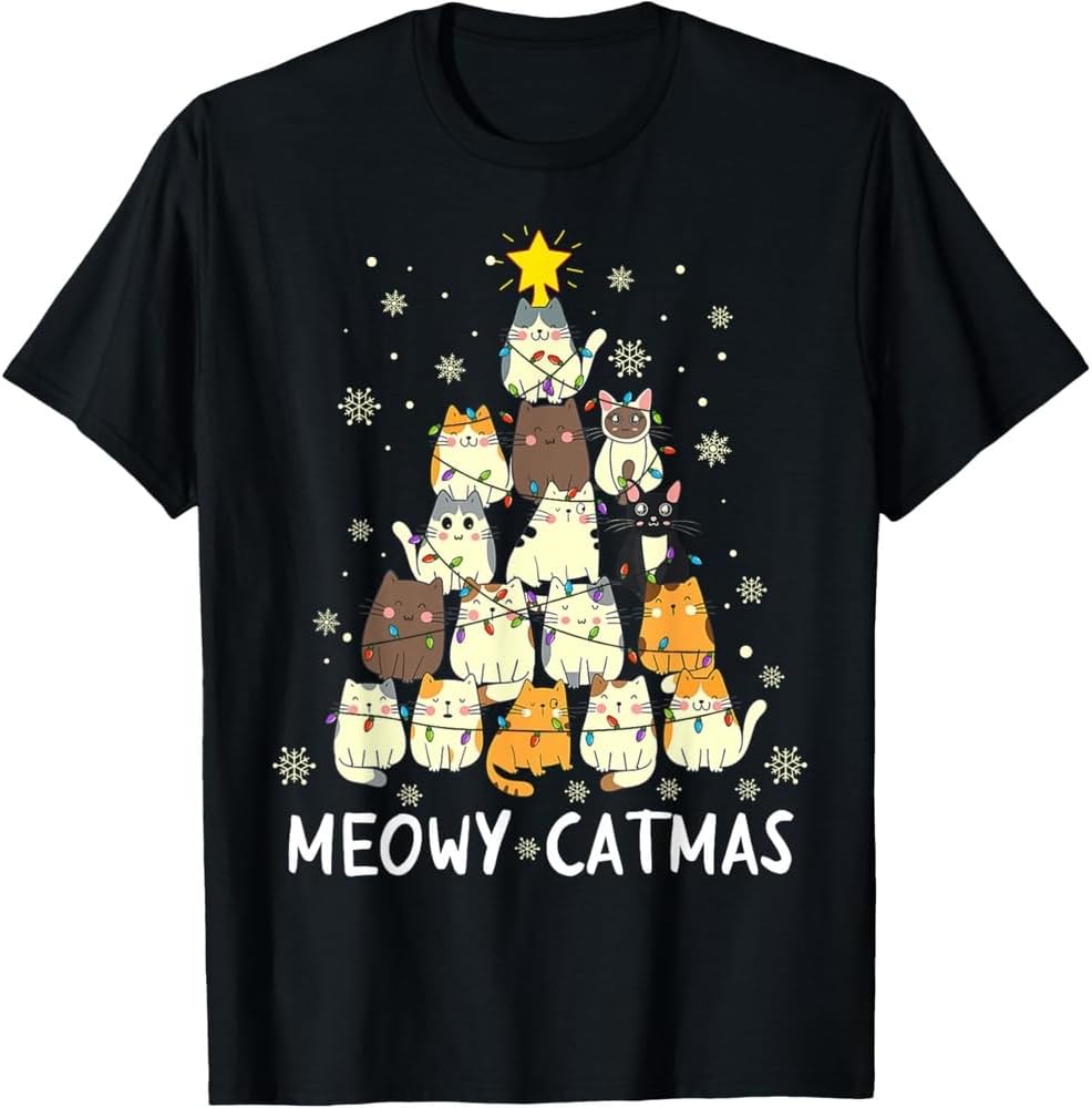 Meowy Catmas Cat Christmas Tree Xmas Girls Boys Funny Santa T Shirt