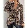 Leopard Print Tie V Neck Elegant Long Sleeve Shirt Slim Casual Pullover Top