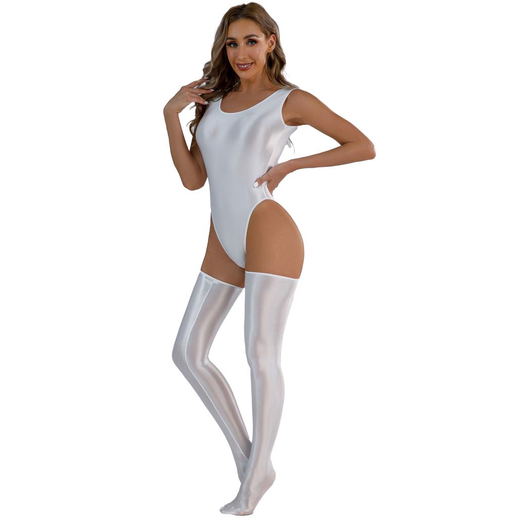 Женский глянцевый боди с открытой спиной, купальник для вечеринки у бассейна, купальник с высоким вырезом без рукавов и чулками до бедра