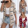 Spring Summer Casual Striped Cutout Mid-sleeved Knitted Sweater Vacation Cardigan Women's Wear