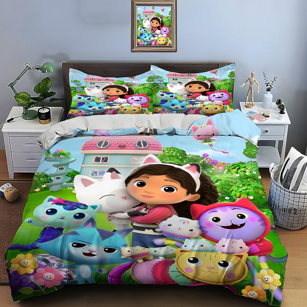 3pcs Multiple Sizes Cute G-Gabbys Cartoon Print Bedding Set 1 Duvet Cover 2 Pillowcases Adult and Kids Bedding Set Luxury Gifts