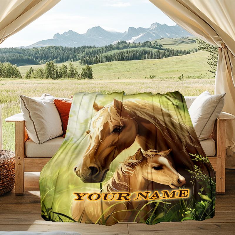 1PC Custom Name Horse Foal Nature outdooor Flannel blankets Patterns Throw Blanket All-Season Soft Gift for Couch, Bed, Camping gifts