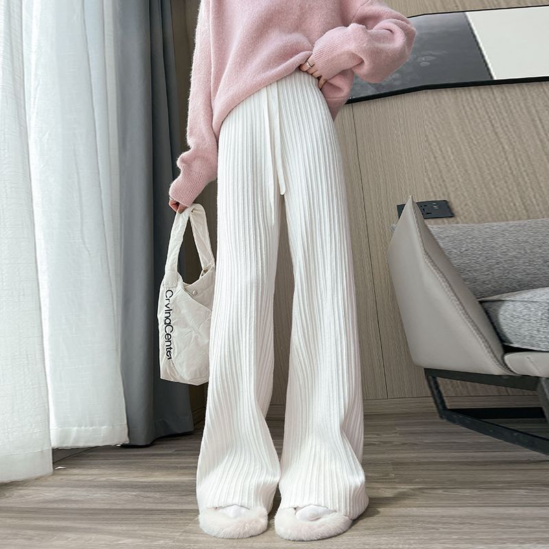 Белые вязаные широкие брюки, женские свободные маленькие прямые повседневные брюки с завышенной талией на осень и зиму
