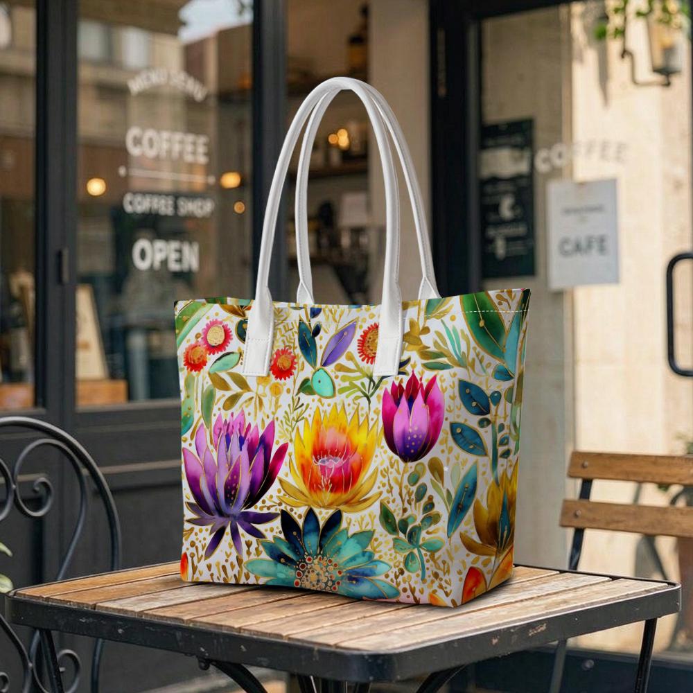Watercolor Floral Casual Women Shoulder Tote Bag Fashion Portable Daily Lightweight Shopping Handbag