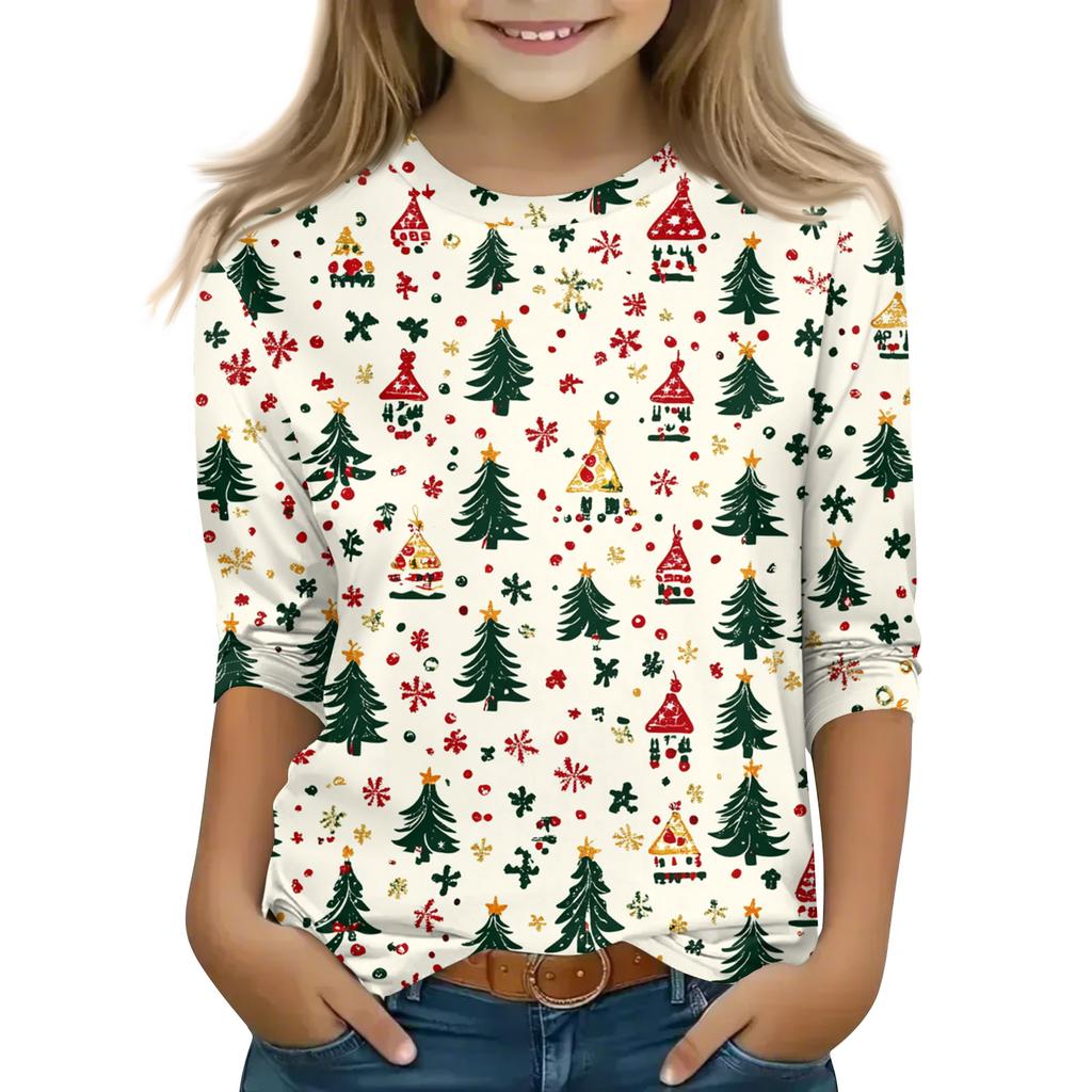 Christmas Day Print Tops For Youth Girls 4-11 Years Round Neck 3/4 Sleeves T-Shirts Trendy Tops Outfit Tees