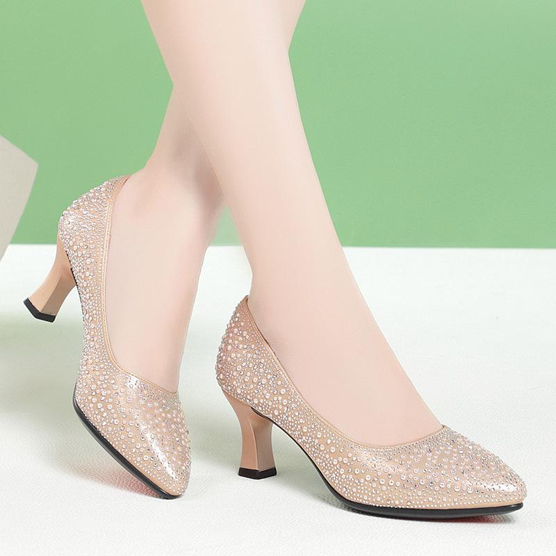 2023 Champagne Sequin & Beaded Leather High Heels: Elegant Wedding & Bridesmaid Shoes for Spring & Autumn