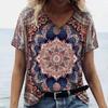 New Women T-shirt Ethnic Pattern Print Oversized Women's Trending Clothing Fashion Short Sleeve Shirt Women V-Neck Blouse 2024