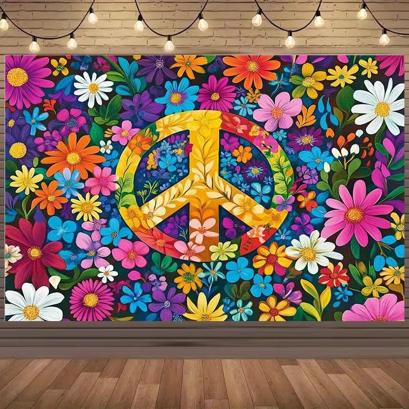 2D Floral Peace Symbol Backdrop with Vibrant Flowers Hippie Party Background