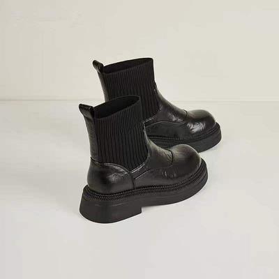 Эластичные тонкие ботинки женские осень и зима на толстой подошве бархатные увеличивающие рост носки ботинки круглый носок 2025 короткие ботинки новые Челси британский стиль