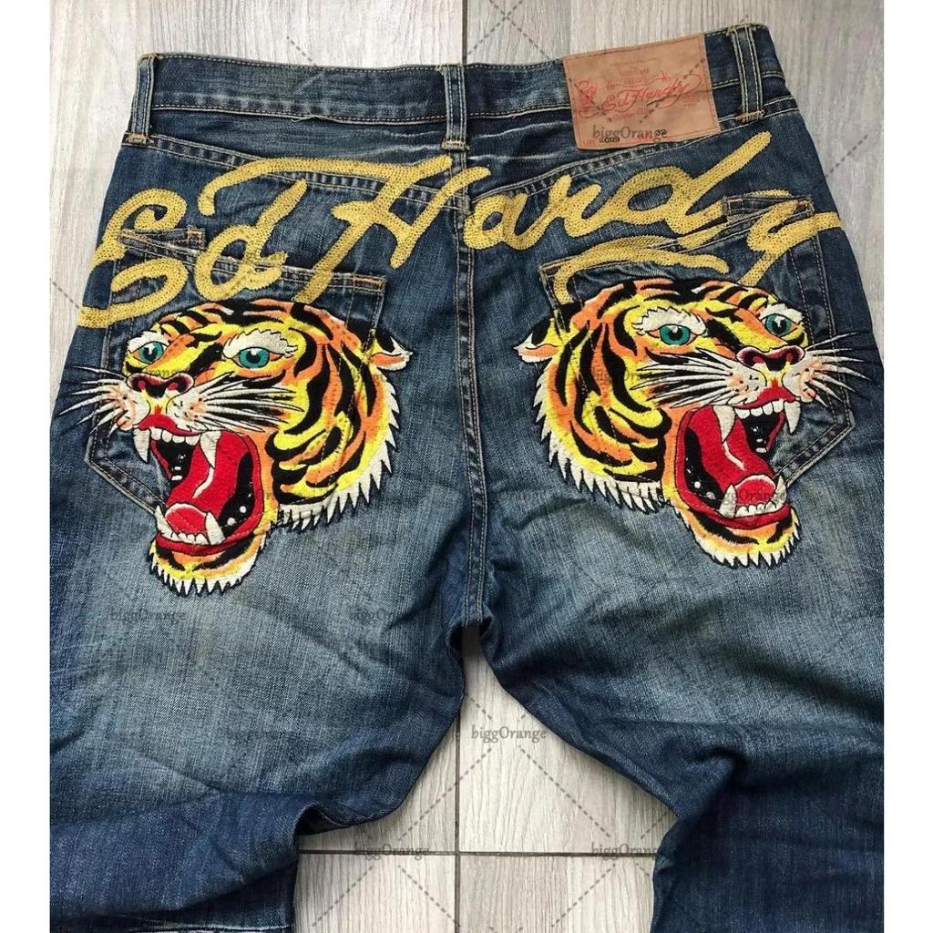 Мужские джинсы Ed Hardy с высокой посадкой, уличного стиля, с вышитой графикой и ретро хип-хоп дизайном