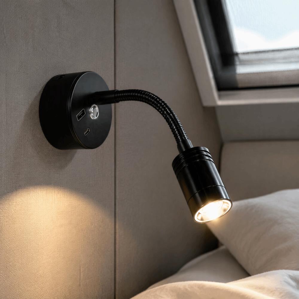 Type-C & USB Outlet LED Reading Lamp Flexible Gooseneck Wall Light Indoor