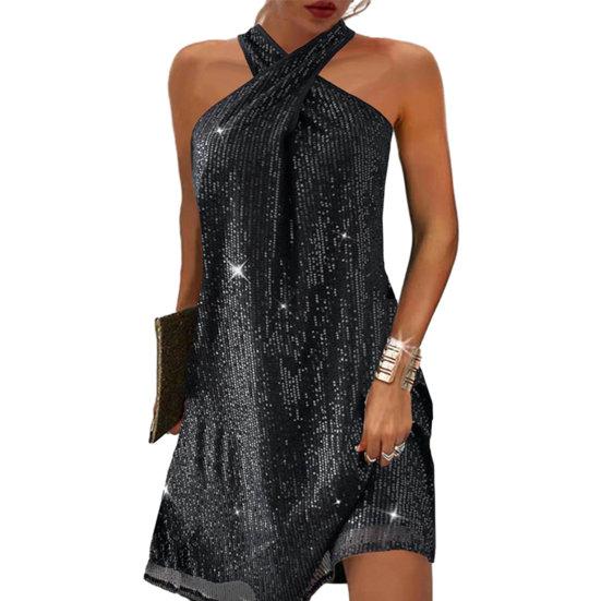 Женское платье с блестящими блестками с открытыми плечами без рукавов с перекрестной лямкой на шее, свободное трапециевидное платье со свободным подолом, однотонное мини-платье для выпускного вечера, вечернее платье