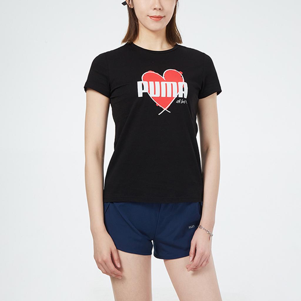 Puma Футболка с коротким рукавом и круглым вырезом в стиле американского винтажного принта с логотипом и сердцем, женские топы, цвет черный 845596-01