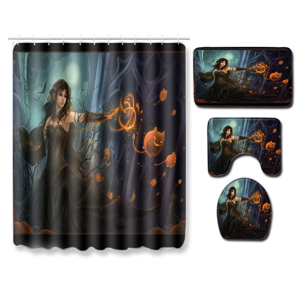 Halloween Series Bathroom Shower Curtain Floor Mat Toilet Cover Foot Mat Four-Piece Set