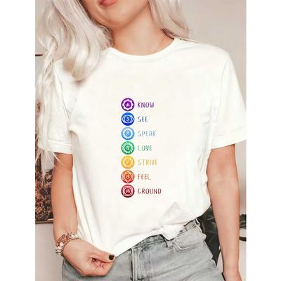 Черная футболка оверсайз с символами чакр и словами Know See Speak Love Strive Feel Ground для йоги, медитации и духовной одежды
