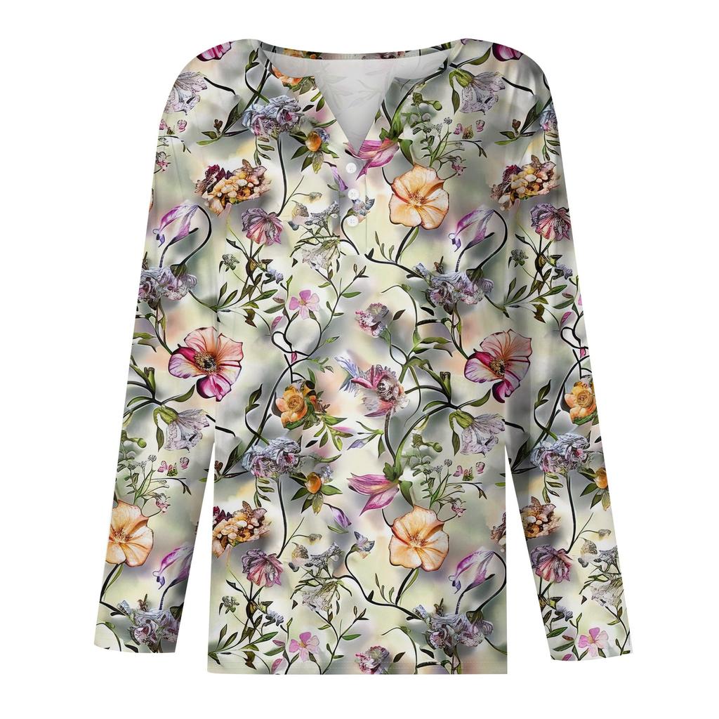 Жен. Футболка Футболка Пуговицы Цветочный принт Длинный рукав Повседневные Выходные Мода Классический Классический V-образный вырез Обычный Топ