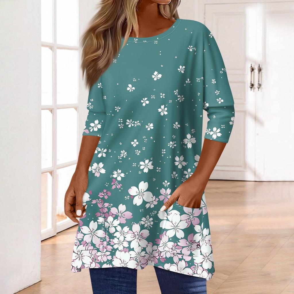 3/4 рукава кармана топы для женщин футболка повседневный принт средней длины топы футболка круглый вырез пуловер блузка