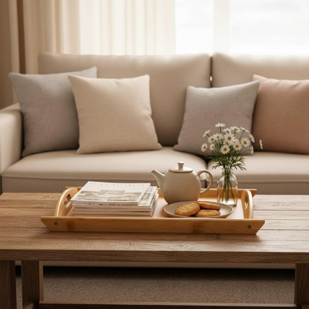 Bamboo Serving Tray with Handles Stackable Design Nesting Bamboo Trays Kitchenware for Dining Room