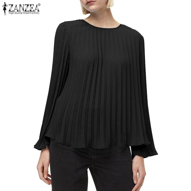 ZANZEA Женская повседневная блузка с круглым вырезом и длинным рукавом в складку