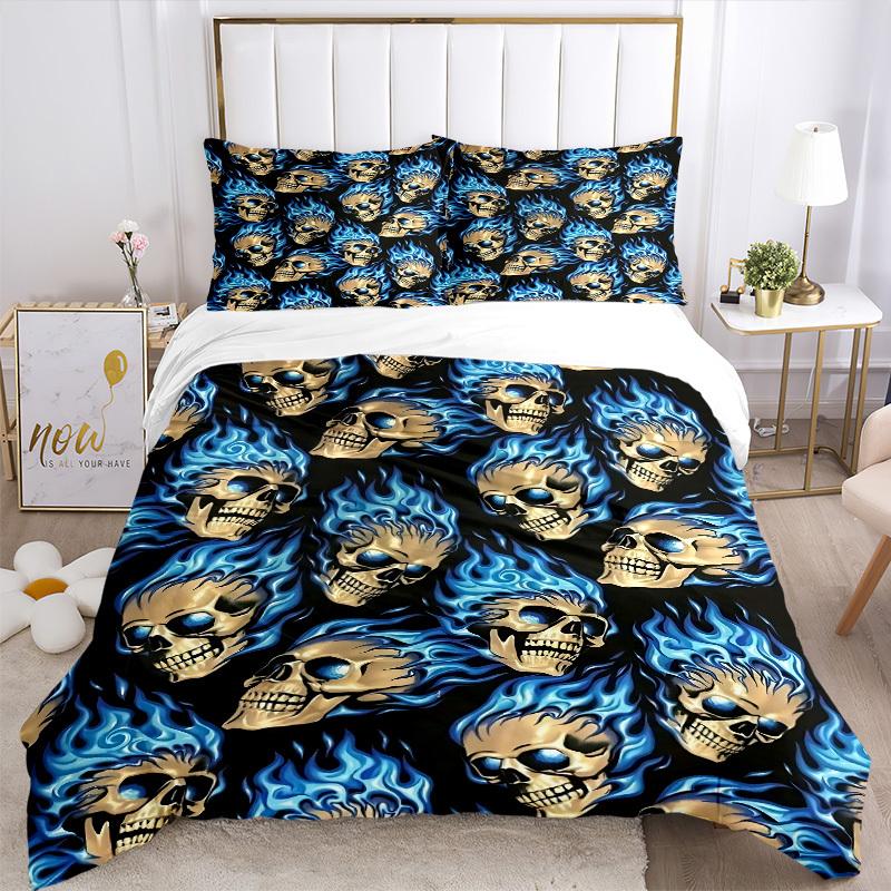 3pcs bedding set Flame Skulls Includes 1 Comforter + 2 Pillowcases, Without Pillow Inserts, Soft Comfortable,a0909082