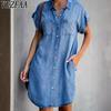 Женская мода лето весна однотонный принт короткий рукав воротник поло свободная талия повседневные платья