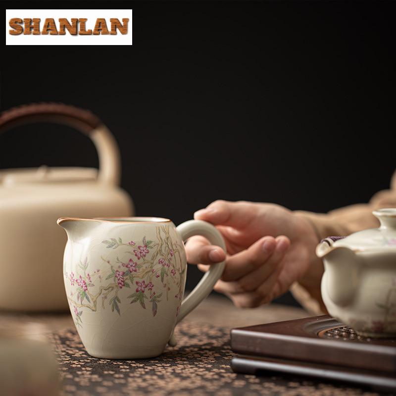 Creative Ru Kiln Porcelain Fair Cup With Ear Handle Pink Peach Branchlet Tea Infuser Zen Chahai Justice Cup Kung Fu Teaset Craft