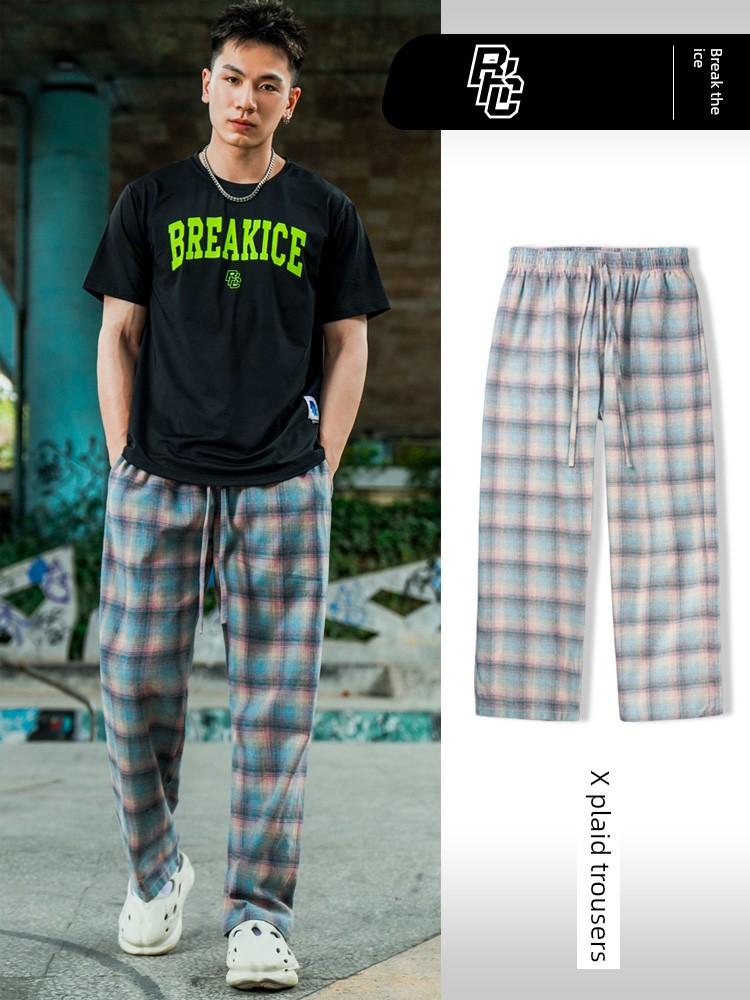 Plaid Pants Loose Straight High Street New Versatile Casual Sports Sweatpants with a Vertical Feel Black and White Basketball Long Pants for Men