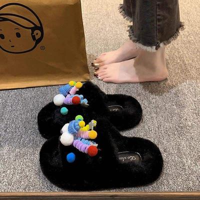 Туфли-мандаринки милые мультяшные пушистые тапочки женские осенне-зимние новые для улицы офисные большого размера домашние хлопковые тапочки