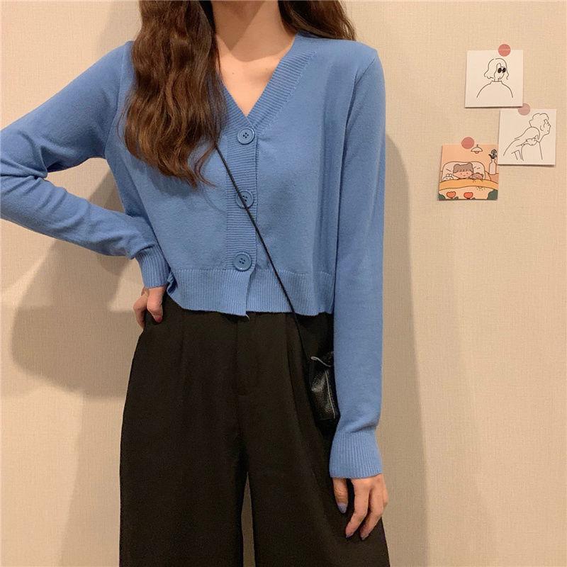 Весенне-осенний вязаный кардиган с длинными рукавами, свитер с v-образным вырезом, однотонное короткое повседневное пальто SL