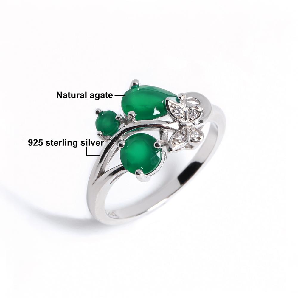 Butterfly Design Silver Jewelry Set with Natural Green Agate Gemstones Earrings And Ring for Women