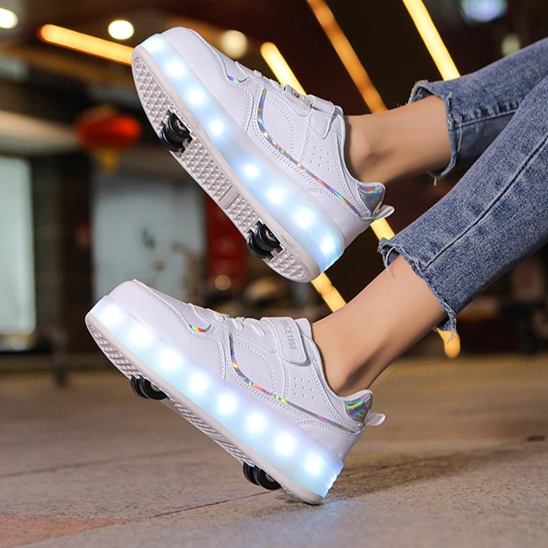 Детская спортивная обувь с подсветкой, натирающая обувь, однотонная волшебная нашивка с зарядкой, двухрядная четырехколесная скользящая обувь