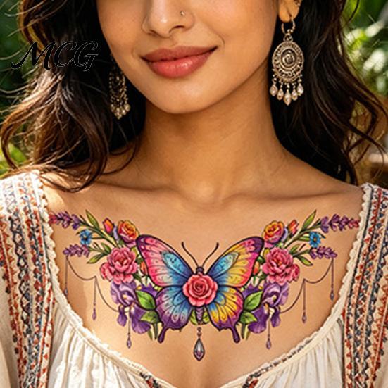 Temporary Body Art Stickers 5 Sheets Colorful Butterfly Flower Tattoo Stickers, Waterproof Hypoallergenic Decals Art, Floral Chest Back for