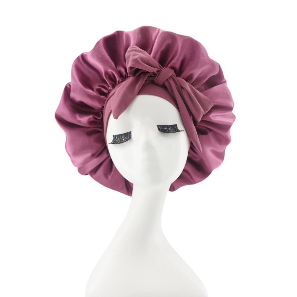 Silk Satin Sleep Cap with Ribbon Bow for Women - Elastic Wide Brim Bath Headscarf Hat for Hair Care