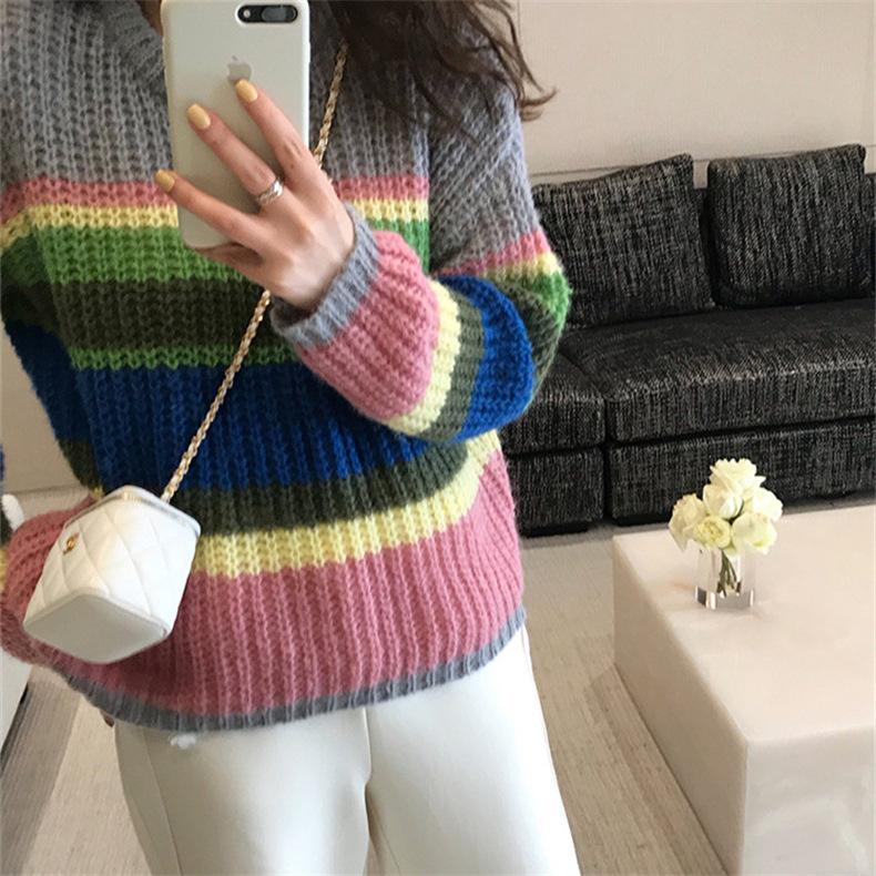 Большой вязаный Радужный свитер, женский модный полосатый контрастный пуловер с круглым вырезом, повседневный свободный милый джемпер