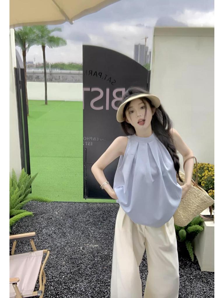 Шикарный французский синий плиссированный топ без рукавов для женщин - модный летний дизайн