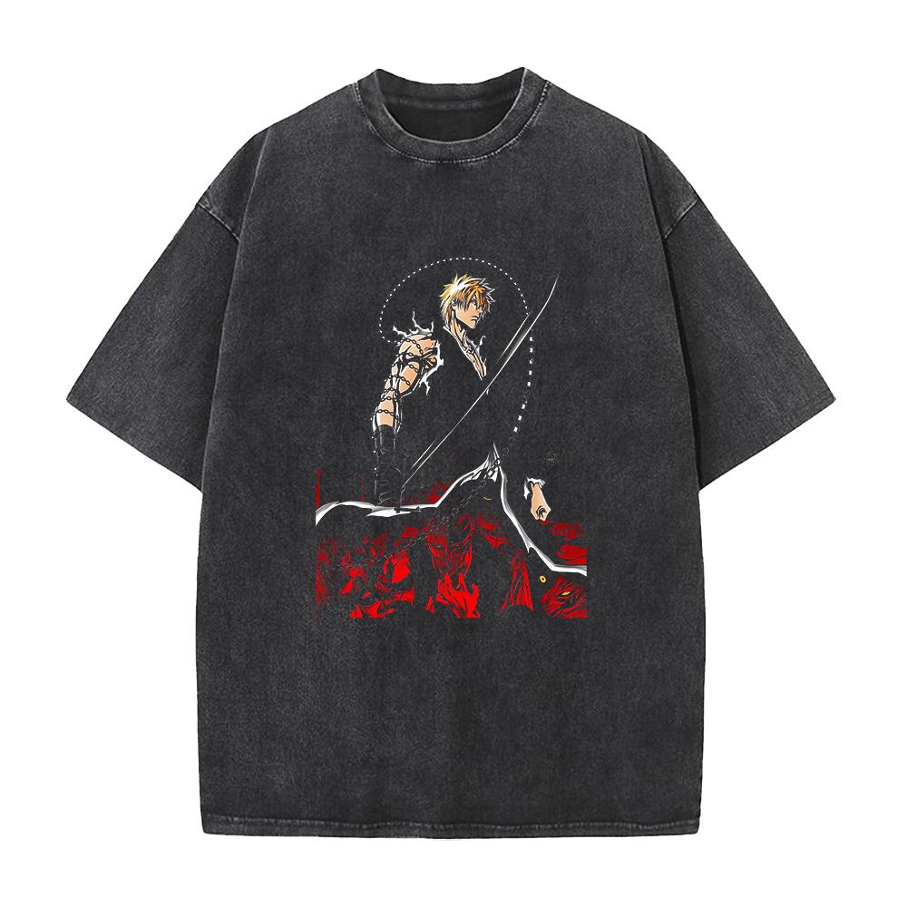 Kurosaki Ichigo BLEACH Clothing Men Women Short Sleeve Manga Tshirts Vintage Washed T Shirt Casual Cotton Tee Harajuku Tshirt