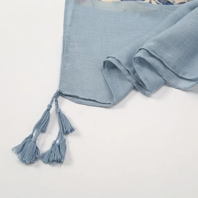 Retro Bamboo Cotton Scarf with Plant Floral Print Soft Versatile Travel Sand Scarf Fashionable Accessory for All Occasions