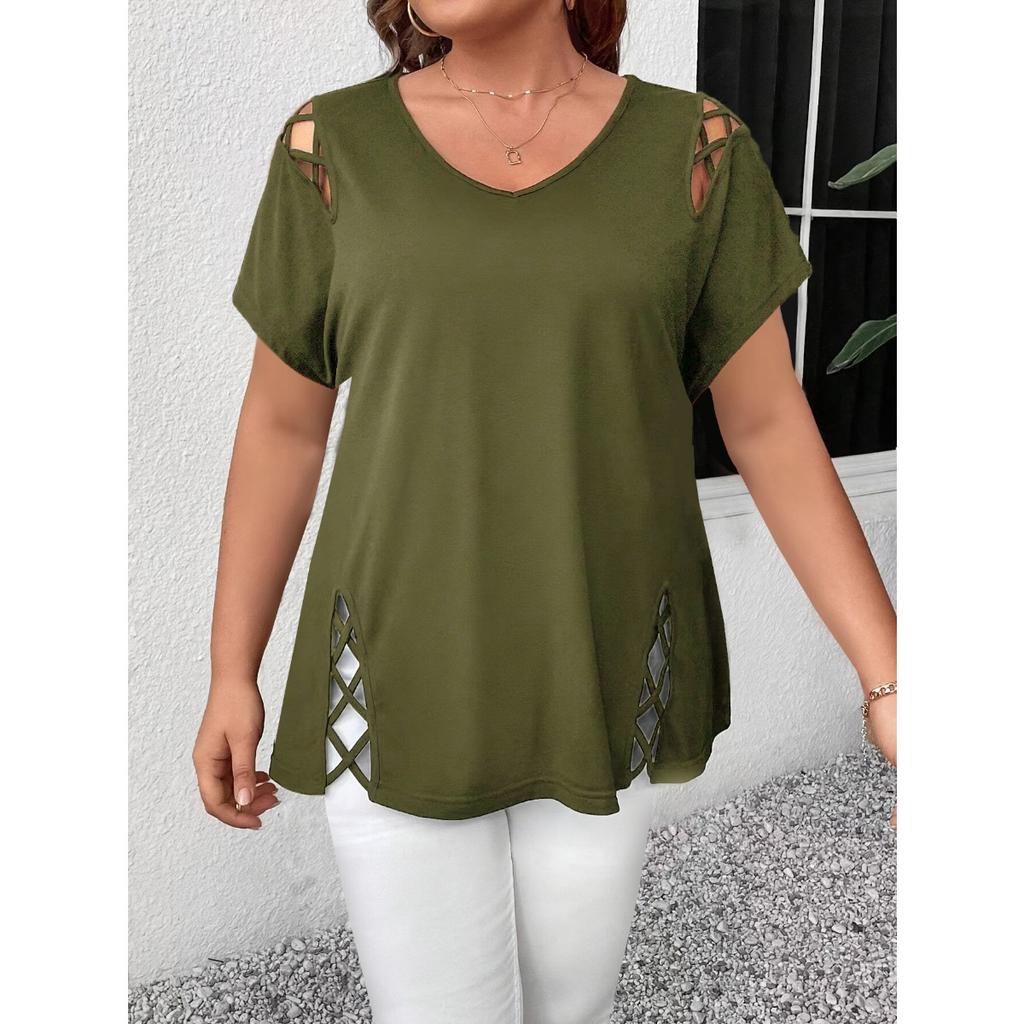 Однотонный короткий рукав с перекрестными бретелями модные элегантные женские топы больших размеров футболка