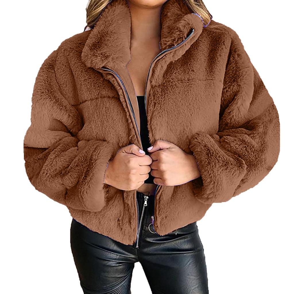 Women's Fashion Winter Solid Color Zipper Cardigan Plush Warm Short Jacket Coat