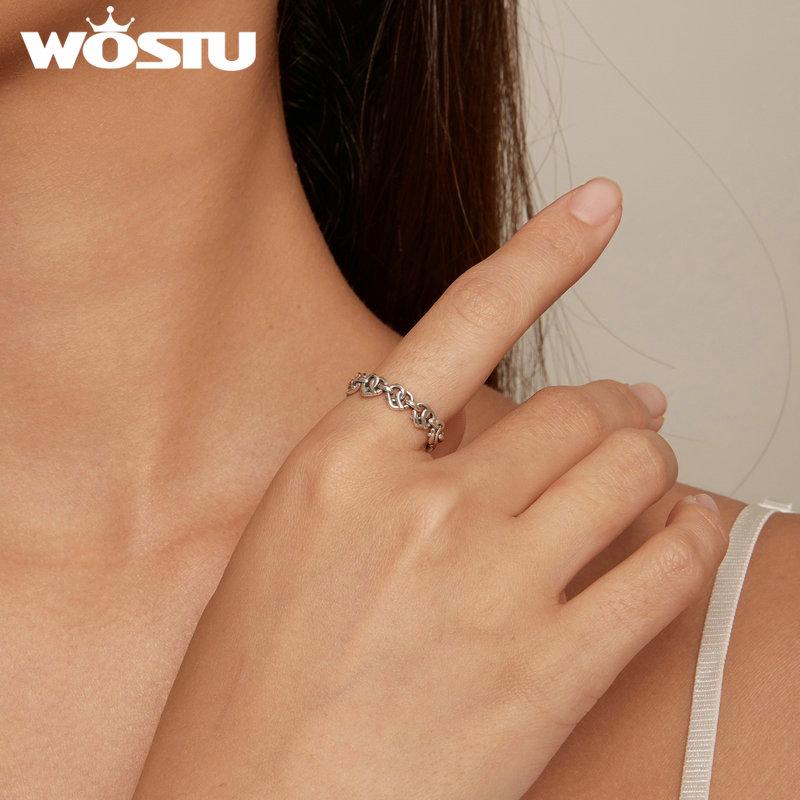 WOSTU Кольцо из стерлингового серебра 925 пробы с сердцем и сердцем для женщин, винтажное s925, европейское винтажное кольцо с выдолбленным звеном цепи, подарок на вечеринку