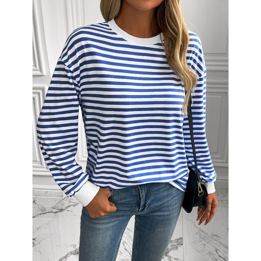 Striped T-Shirts Women’s Loose Long Sleeve Pullover Round Neck T-shirt Top