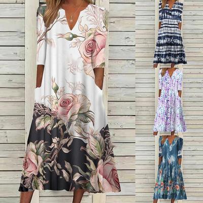 Женская мода лето весна цветочный принт рукав 2/1 с v-образным вырезом повседневные платья