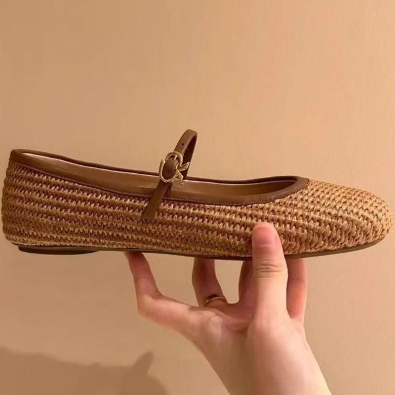 Spring Summer 2025 New Style Shoes Weaving Hollow Out Design Sandals Square Toe Buckle Strap Flats Shoes Women