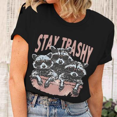 Новый дизайн Stay Trashy Енот Футболки Мусорная Панда Ретро Бохо Футболки с коротким рукавом Футболки Женская Мужская Одежда Смешная Футболка с Енотом