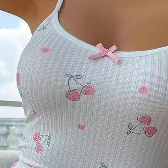 2 Pcs/Set Women Vest Shorts Suit Bow Cherry Print U Neck Sleeveless Top High Waist Short Trousers Homewear Loungewear Outfit Summer Sleepwear