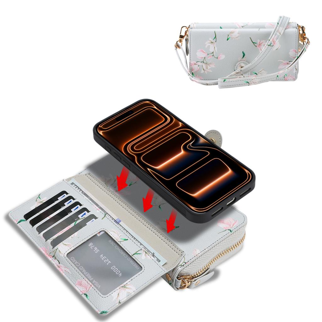 Съемный кошелек-книжка с цветами 2-в-1 для карт для iPhone 17 17Air 16 15 14 Plus 13 12 Pro Max, чехол со шнурком и поддержкой зарядки Magsafe