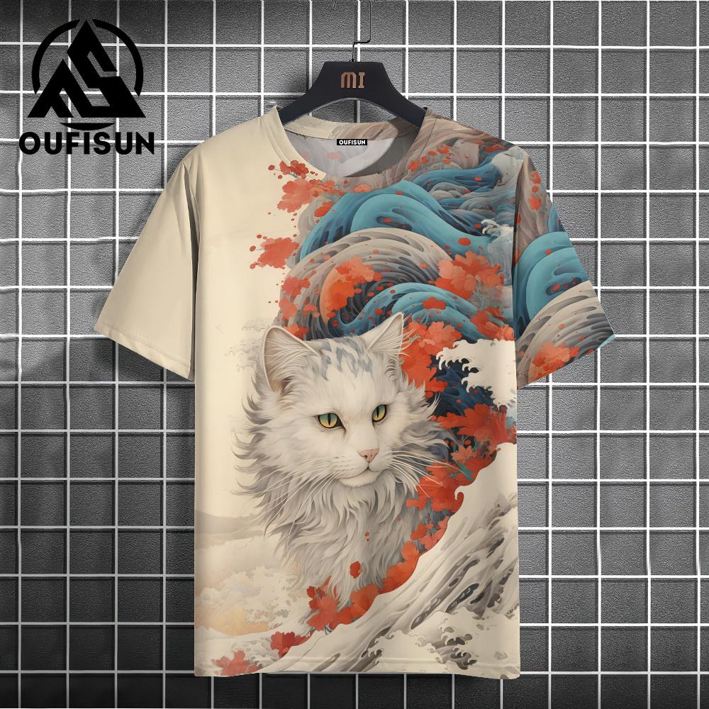Men's T-shirt Japanese Style Ukiyo-e Cat Pattern Printed T-shirt